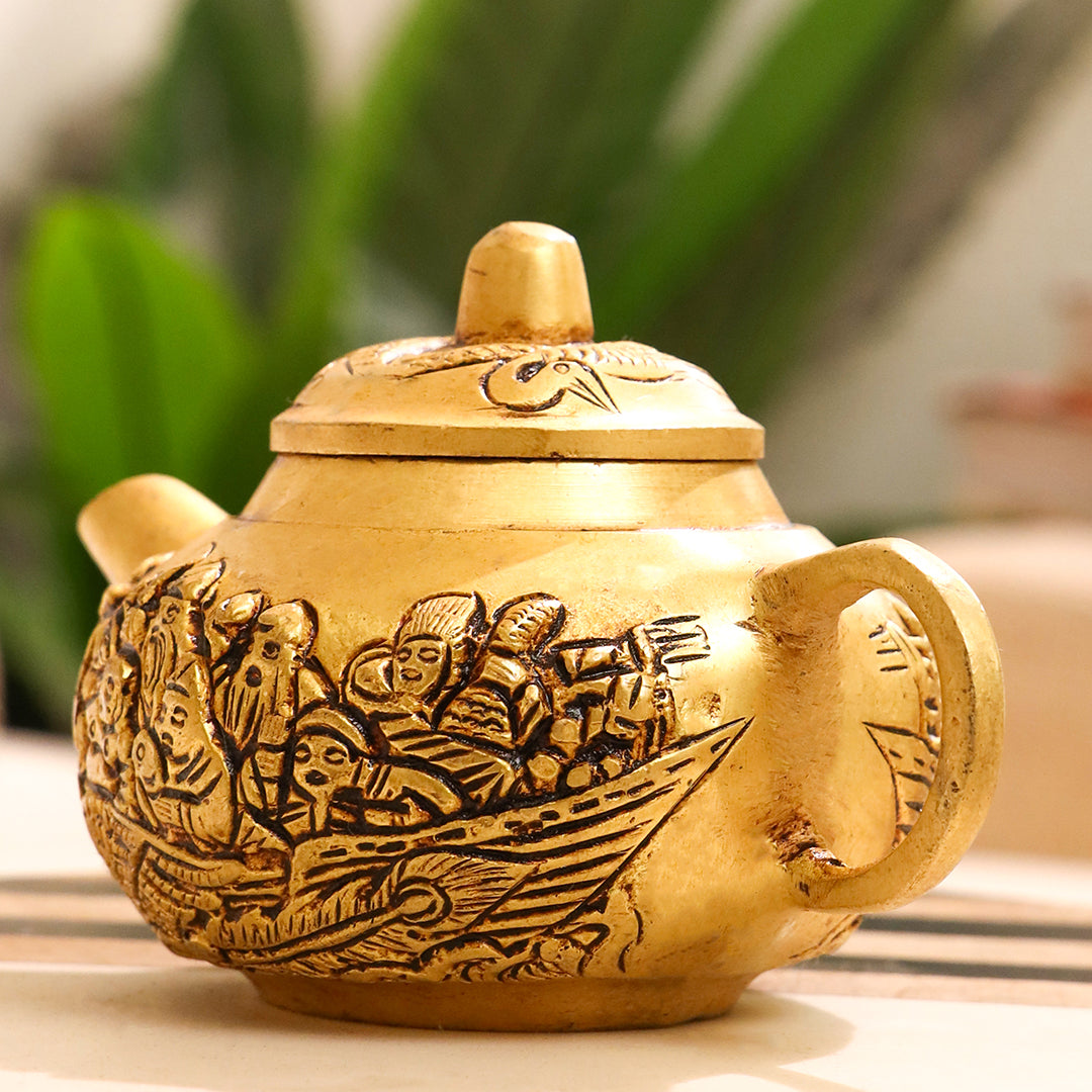 Brass Tea Pot/Kettle with Engraved Village Scene (3 INCH)