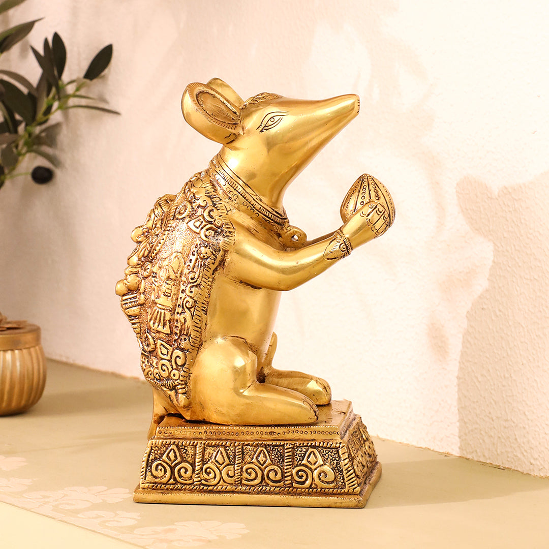 Brass Mushak/Rat Idol – Ganesha’s Devotee on Decorative Pedestal (6.5 INCH)