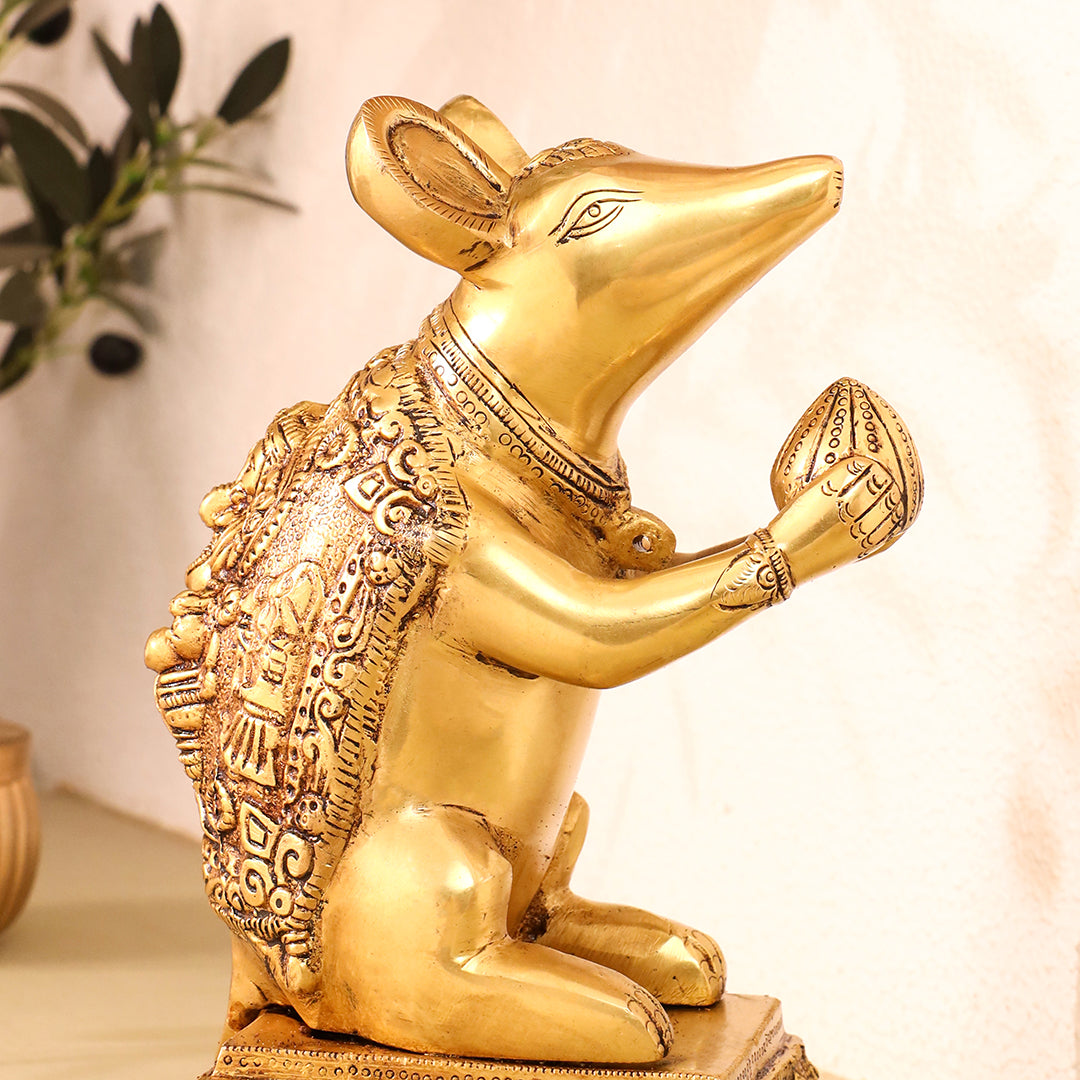 Brass Mushak/Rat Idol – Ganesha’s Devotee on Decorative Pedestal (6.5 INCH)