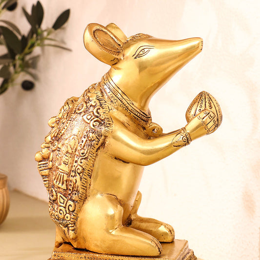 Brass Mushak/Rat Idol – Ganesha’s Devotee on Decorative Pedestal (6.5 INCH)