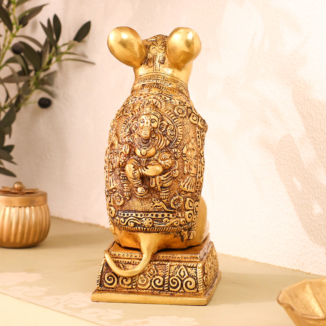 Brass Mushak/Rat Idol – Ganesha’s Devotee on Decorative Pedestal (6.5 INCH)