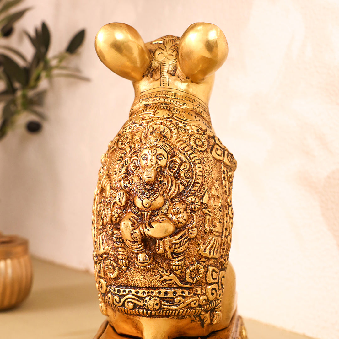 Brass Mushak/Rat Idol – Ganesha’s Devotee on Decorative Pedestal (6.5 INCH)