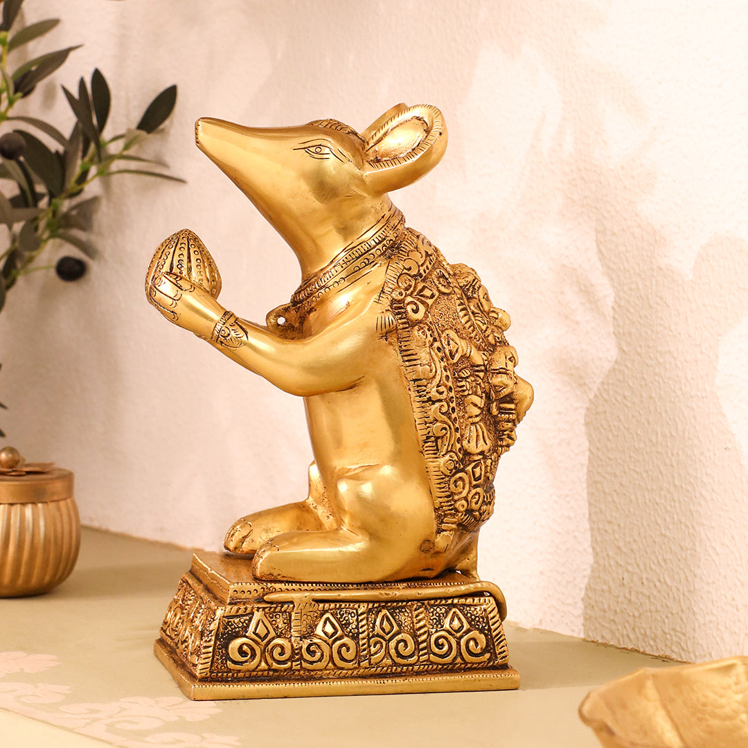 Brass Mushak/Rat Idol – Ganesha’s Devotee on Decorative Pedestal (6.5 INCH)