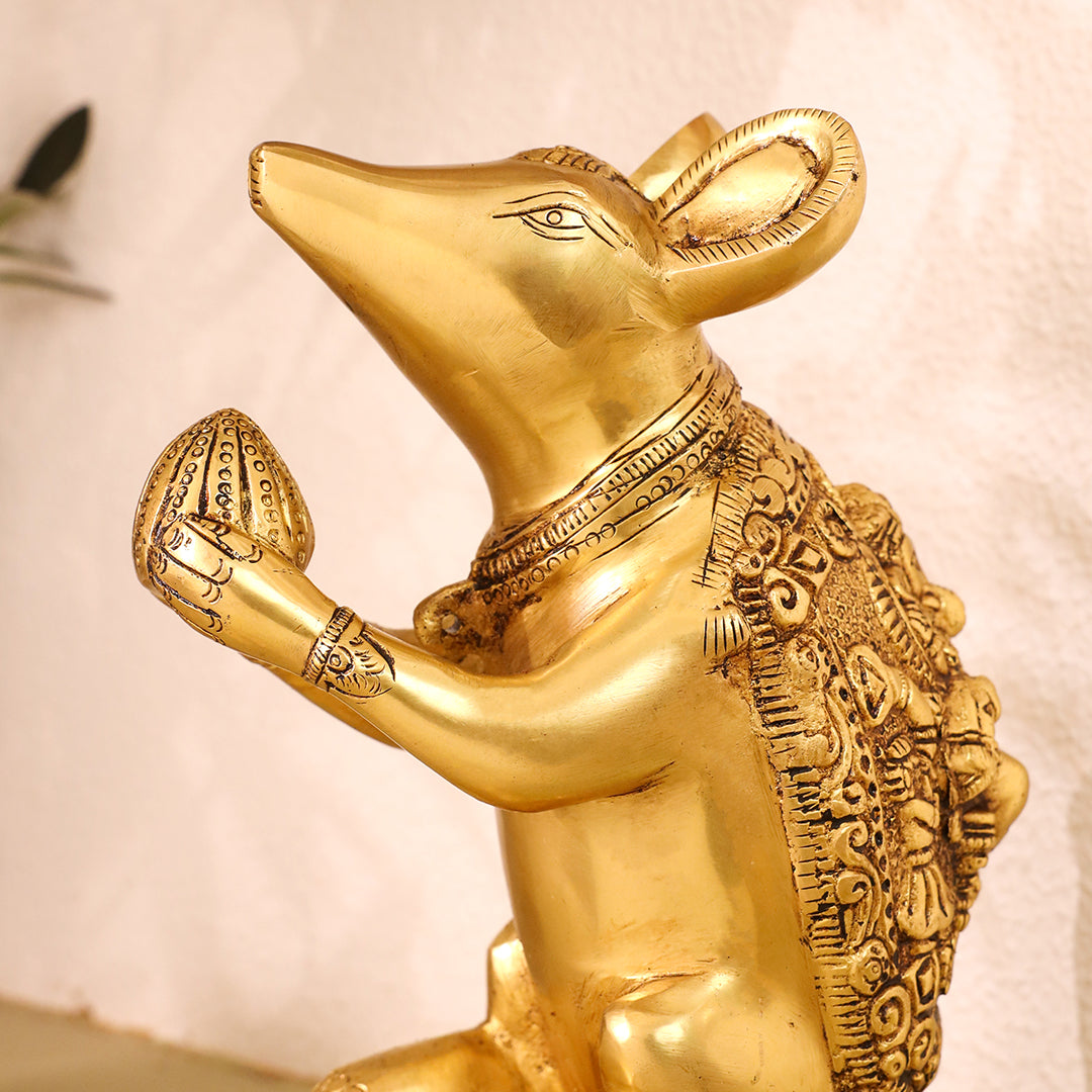 Brass Mushak/Rat Idol – Ganesha’s Devotee on Decorative Pedestal (6.5 INCH)