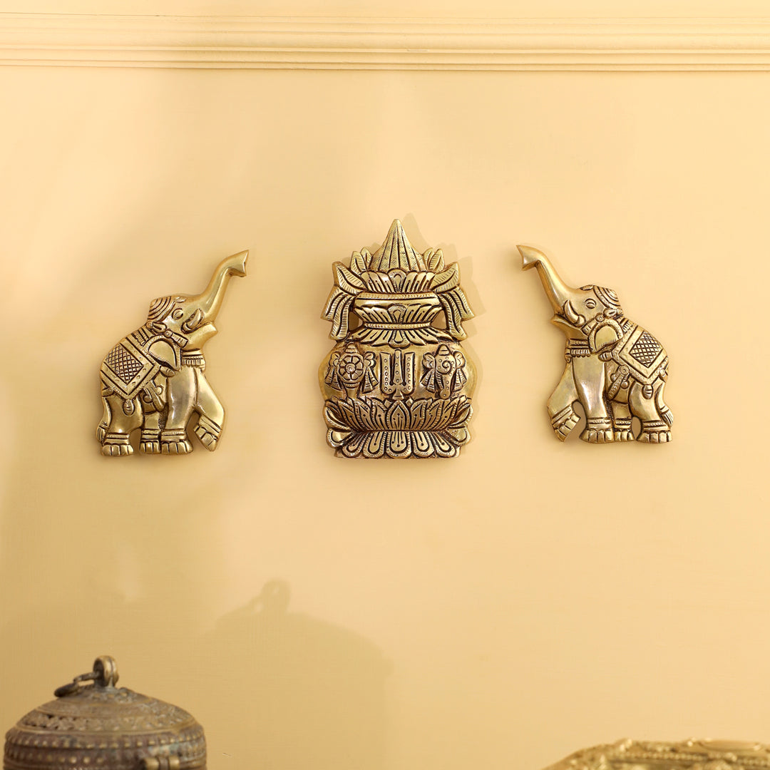 Brass Mangal Kalash with Gaja / Elephants Wall Hanging Set (5.5 Inch)