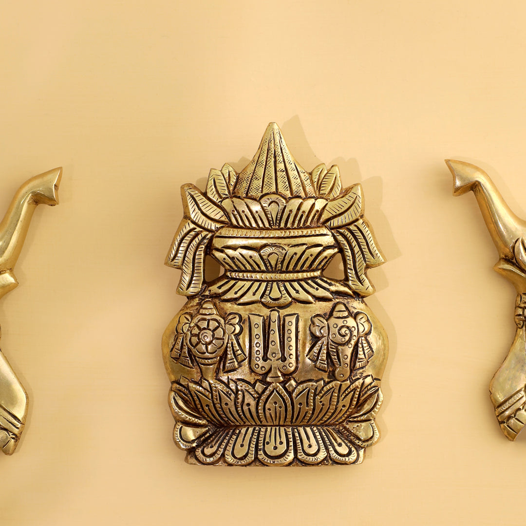 Brass Mangal Kalash with Gaja / Elephants Wall Hanging Set (5.5 Inch)