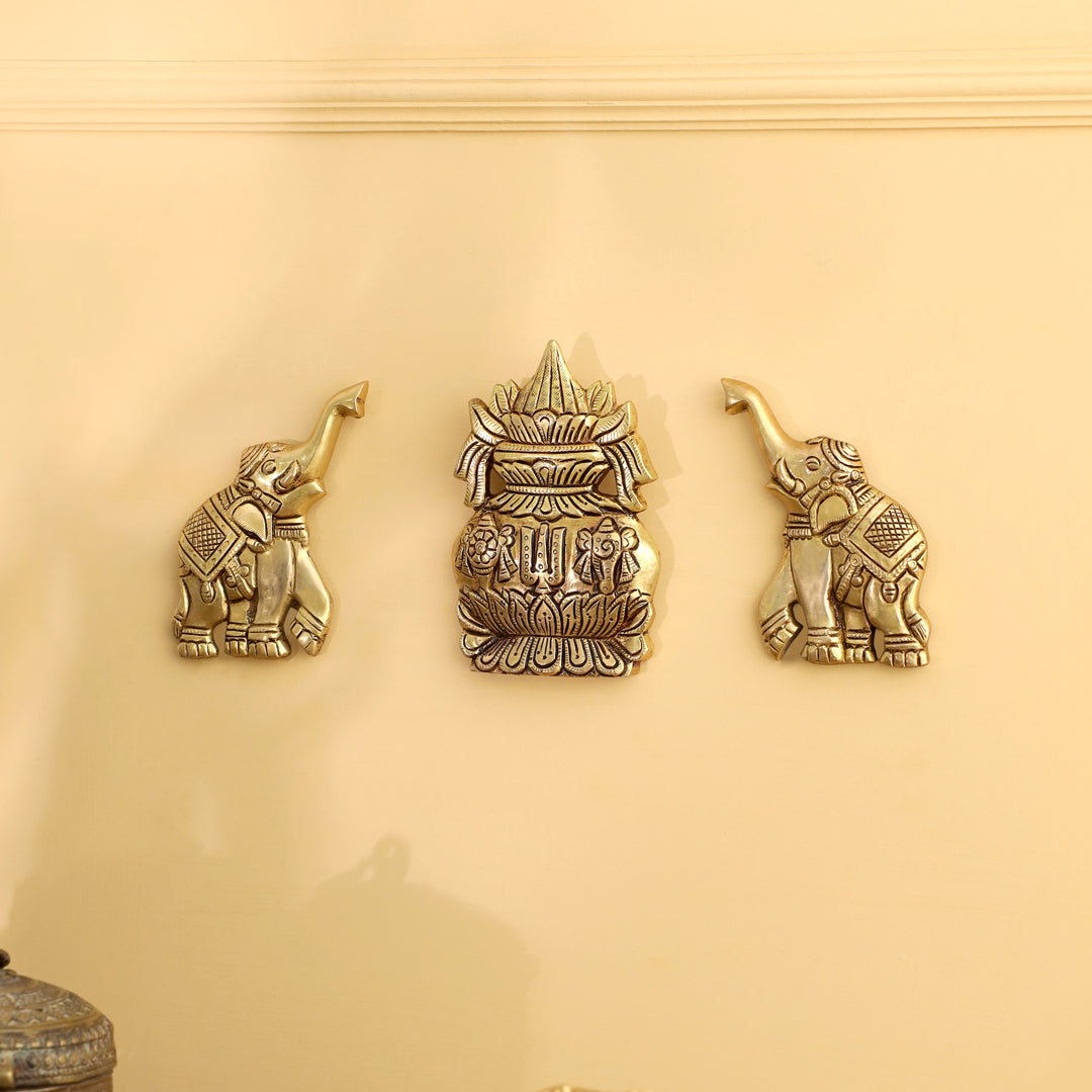 Brass Mangal Kalash with Gaja / Elephants Wall Hanging Set (5.5 Inch)