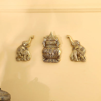 Brass Mangal Kalash with Gaja / Elephants Wall Hanging Set (5.5 Inch)