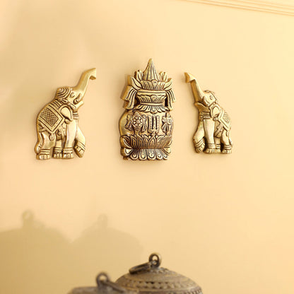 Brass Mangal Kalash with Gaja / Elephants Wall Hanging Set (5.5 Inch)