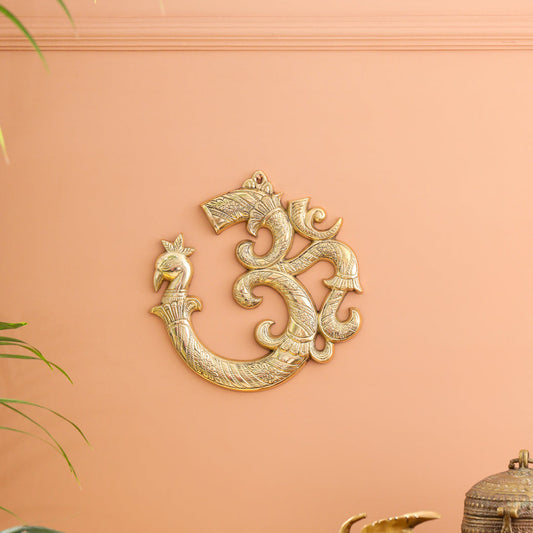 Brass Om with Peacock Wall Hanging (8.2 Inch)