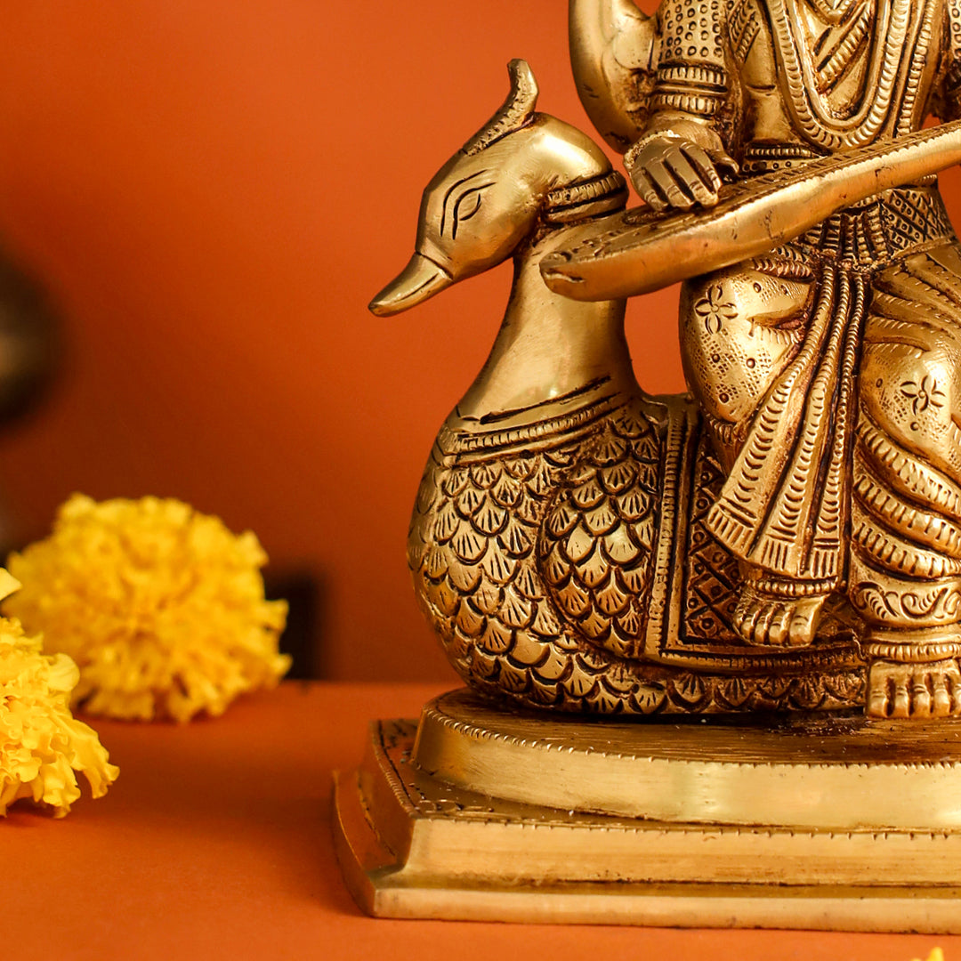 Brass Saraswati Sitting On Swan Figurine (9 Inch)