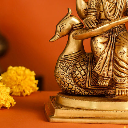 Brass Saraswati Sitting On Swan Figurine (9 Inch)