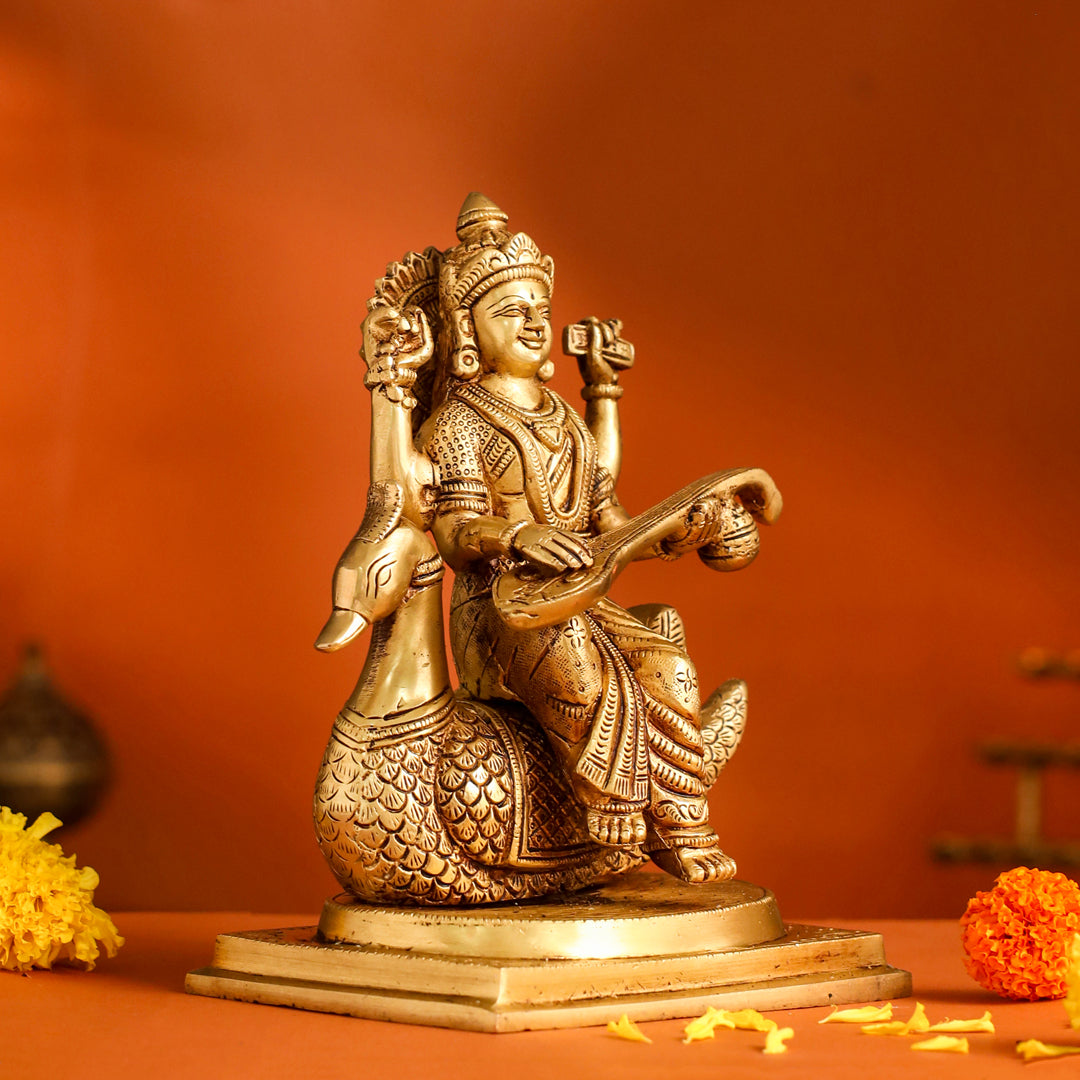 Brass Saraswati Sitting On Swan Figurine (9 Inch)