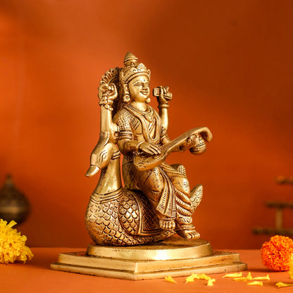 Brass Saraswati Sitting On Swan Figurine (9 Inch)