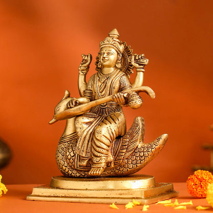 Brass Saraswati Sitting On Swan Figurine (9 Inch)