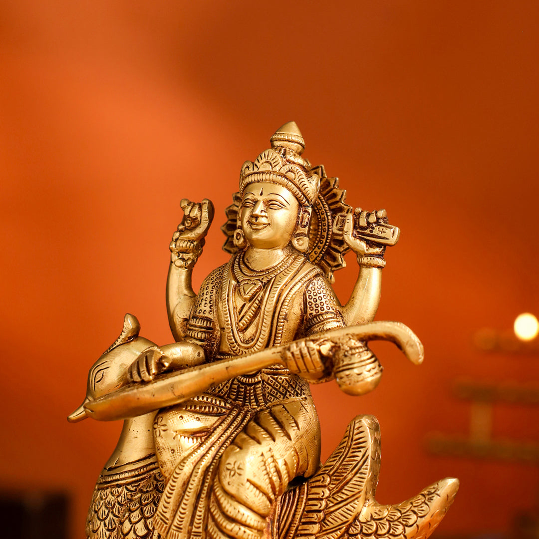 Brass Saraswati Sitting On Swan Figurine (9 Inch)