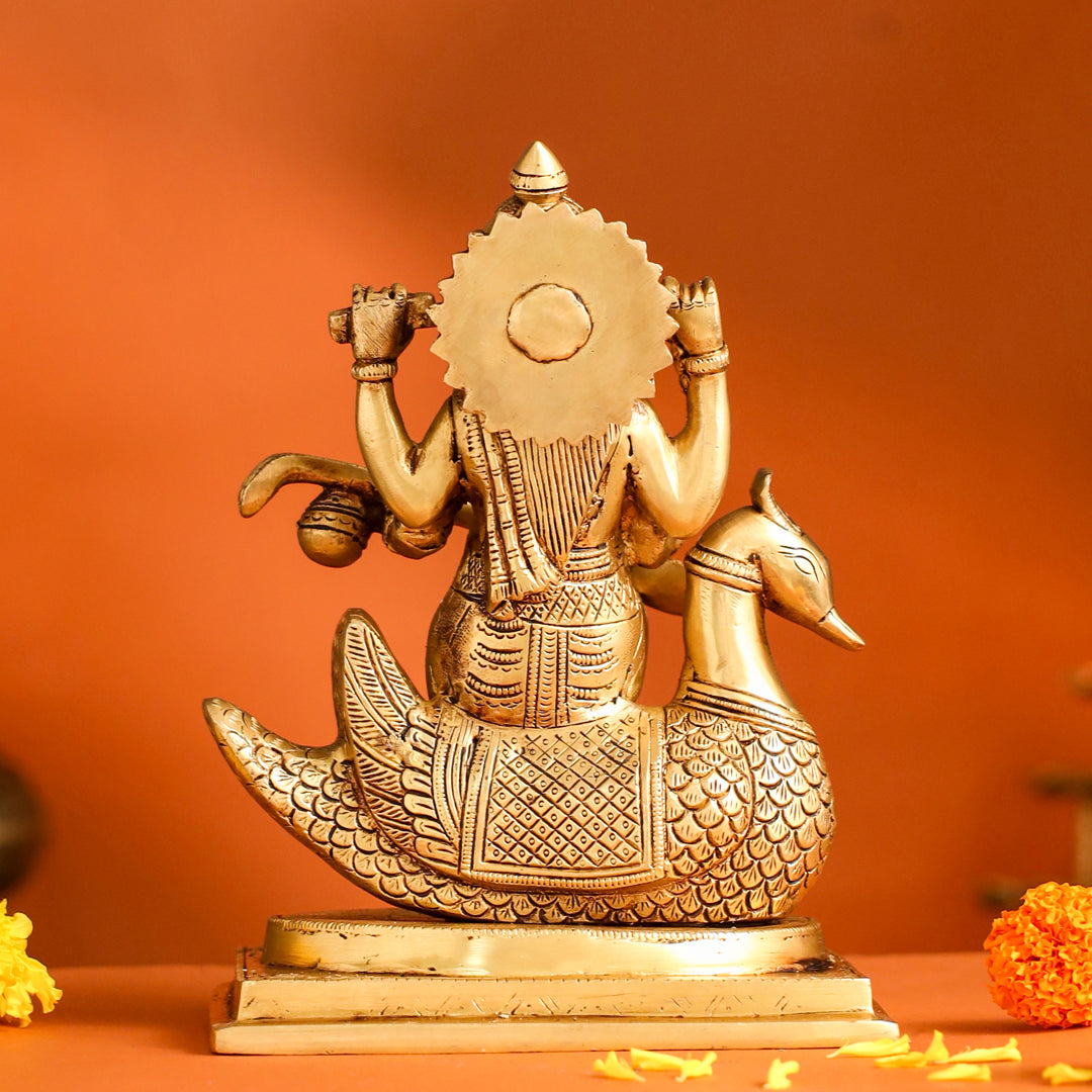 Brass Saraswati Sitting On Swan Figurine (9 Inch)