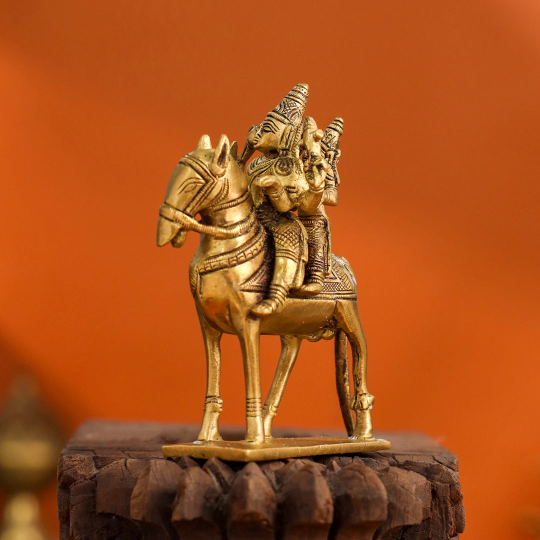 Brass Shiva Parvati on Horse (4.9 Inch)