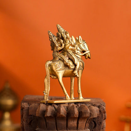 Brass Shiva Parvati on Horse (4.9 Inch)