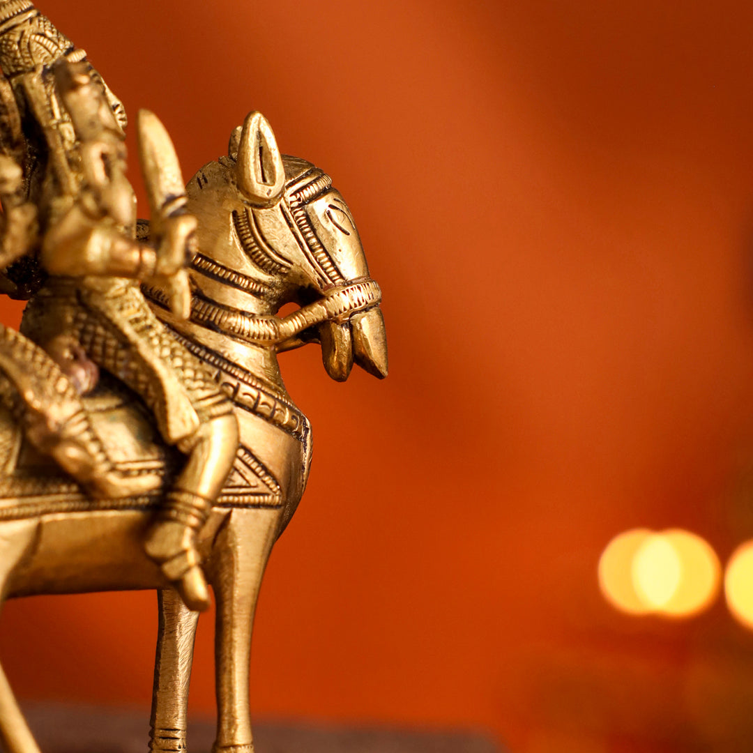 Brass Shiva Parvati on Horse (4.9 Inch)