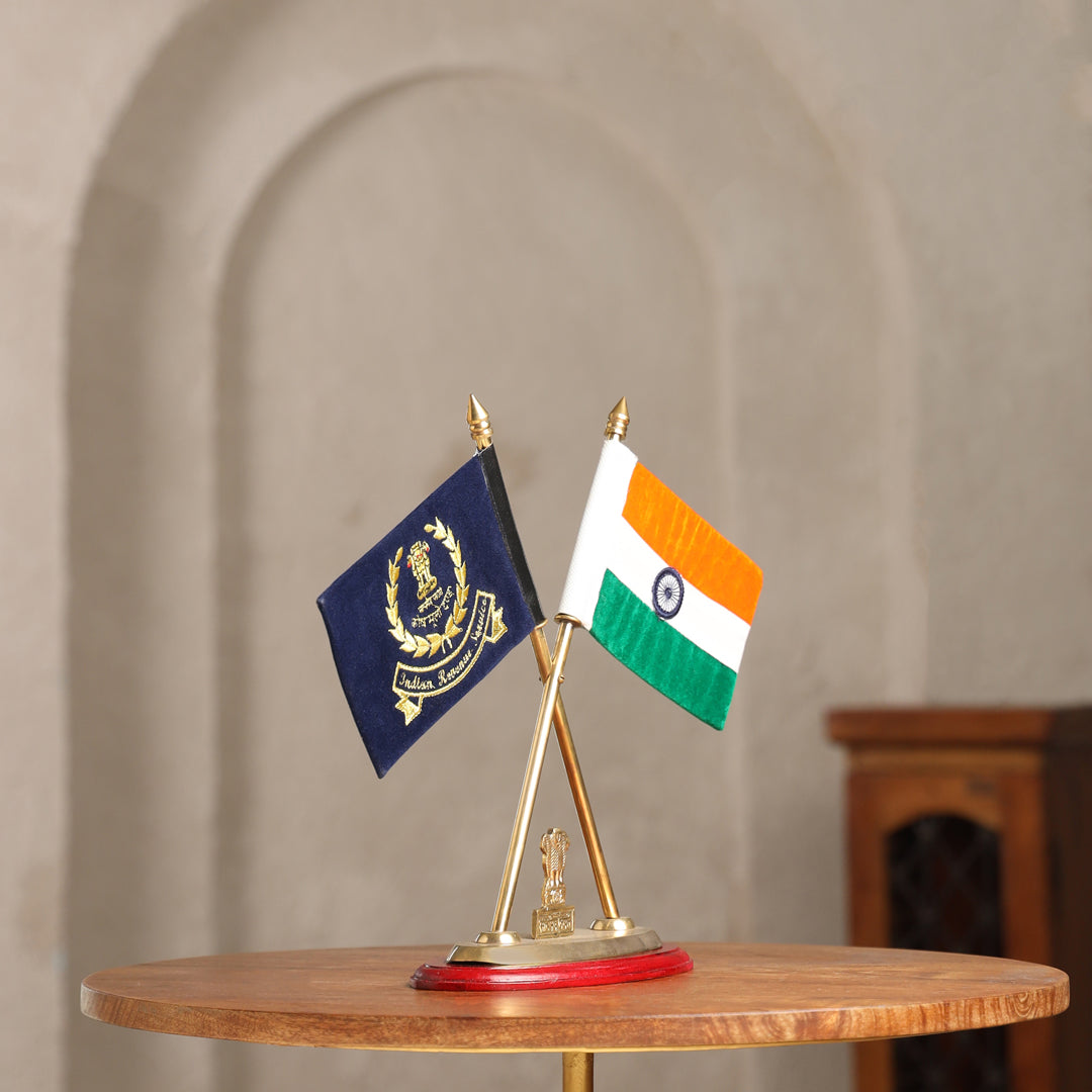 Brass National & Indian Revenue Service Flag Stand (12 Inch)