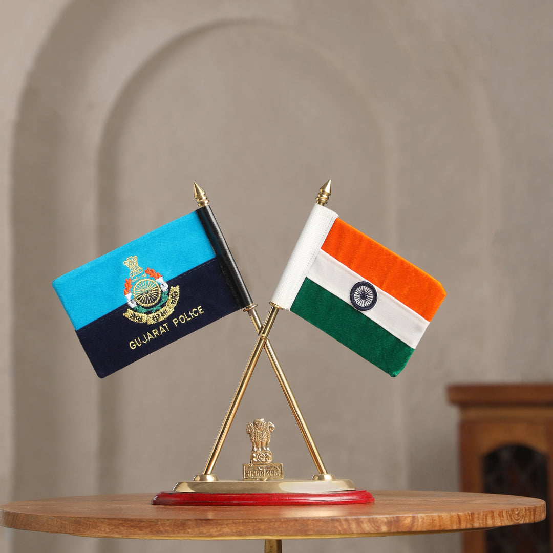 Brass National & Gujarat Police Flag Stand (12 Inch)