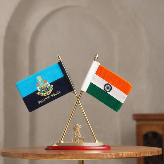 Brass National & Gujarat Police Flag Stand (12 Inch)