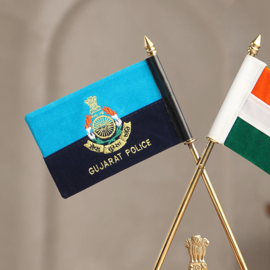 Brass National & Gujarat Police Flag Stand (12 Inch)
