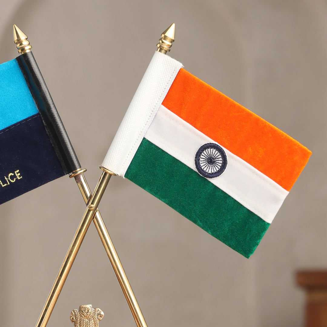 Brass National & Gujarat Police Flag Stand (12 Inch)
