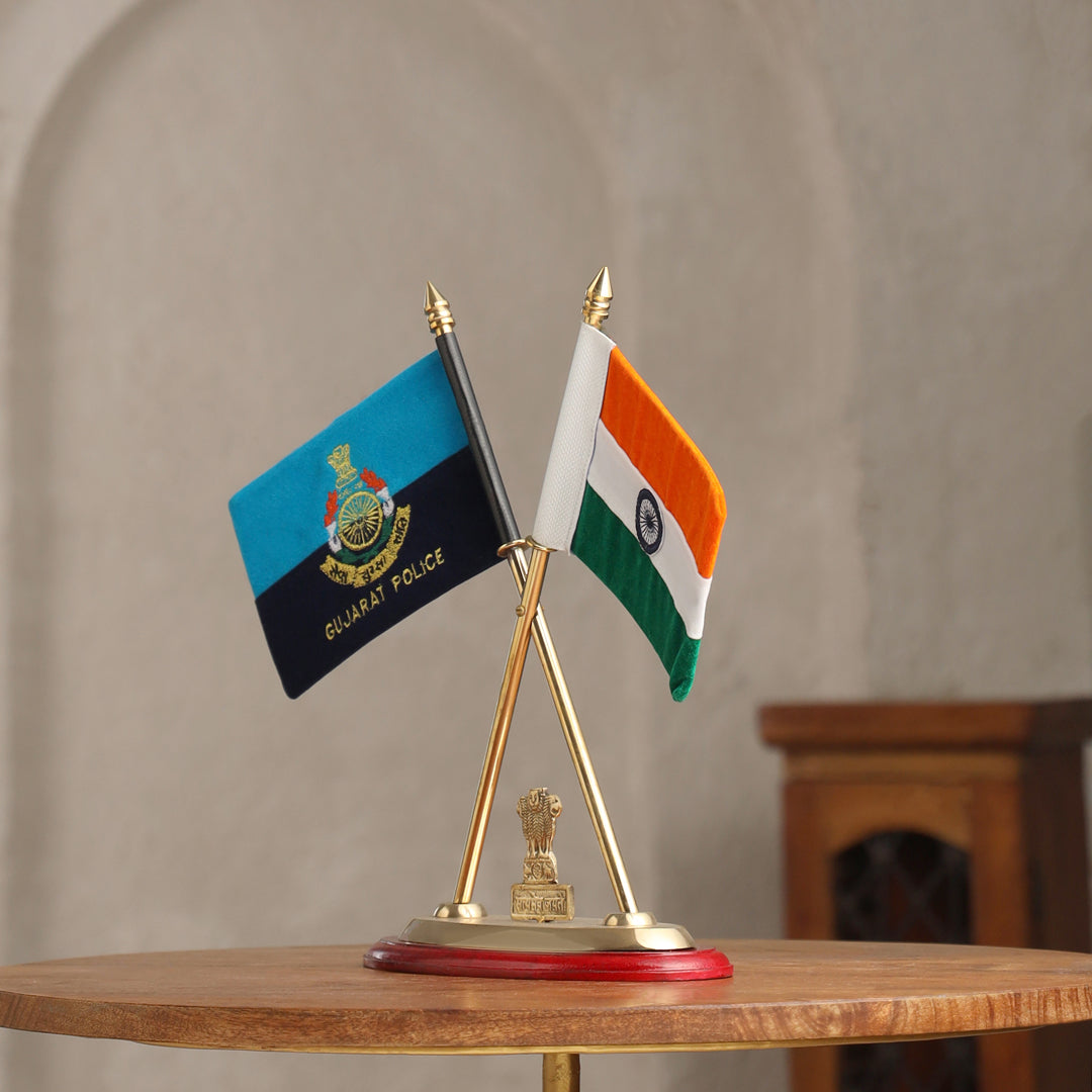 Brass National & Gujarat Police Flag Stand (12 Inch)