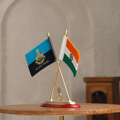 Brass National & Gujarat Police Flag Stand (12 Inch)
