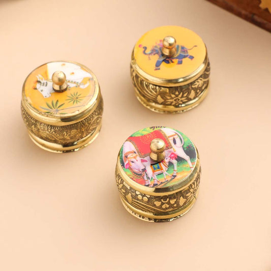 Brass Pichwai Sindoor Box Pack of Three (1.8 INCH)