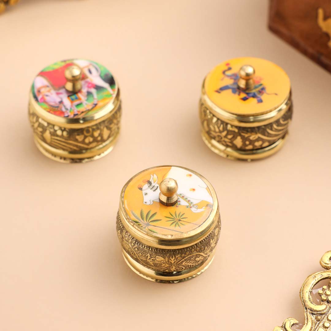 Brass Pichwai Sindoor Box Pack of Three (1.8 INCH)