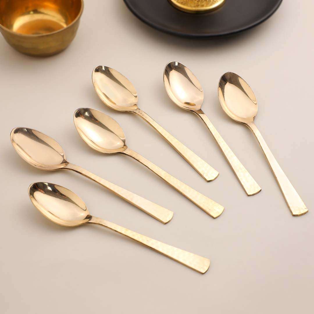 Brass Hammered Design Spoon Set Of 6 (7 Inch)