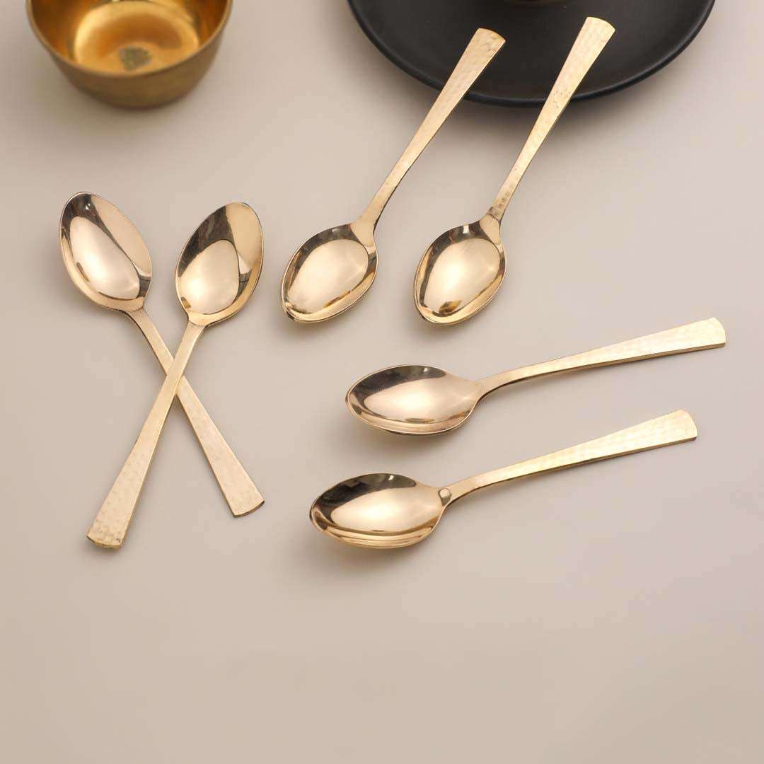 Brass Hammered Design Spoon Set Of 6 (7 Inch)