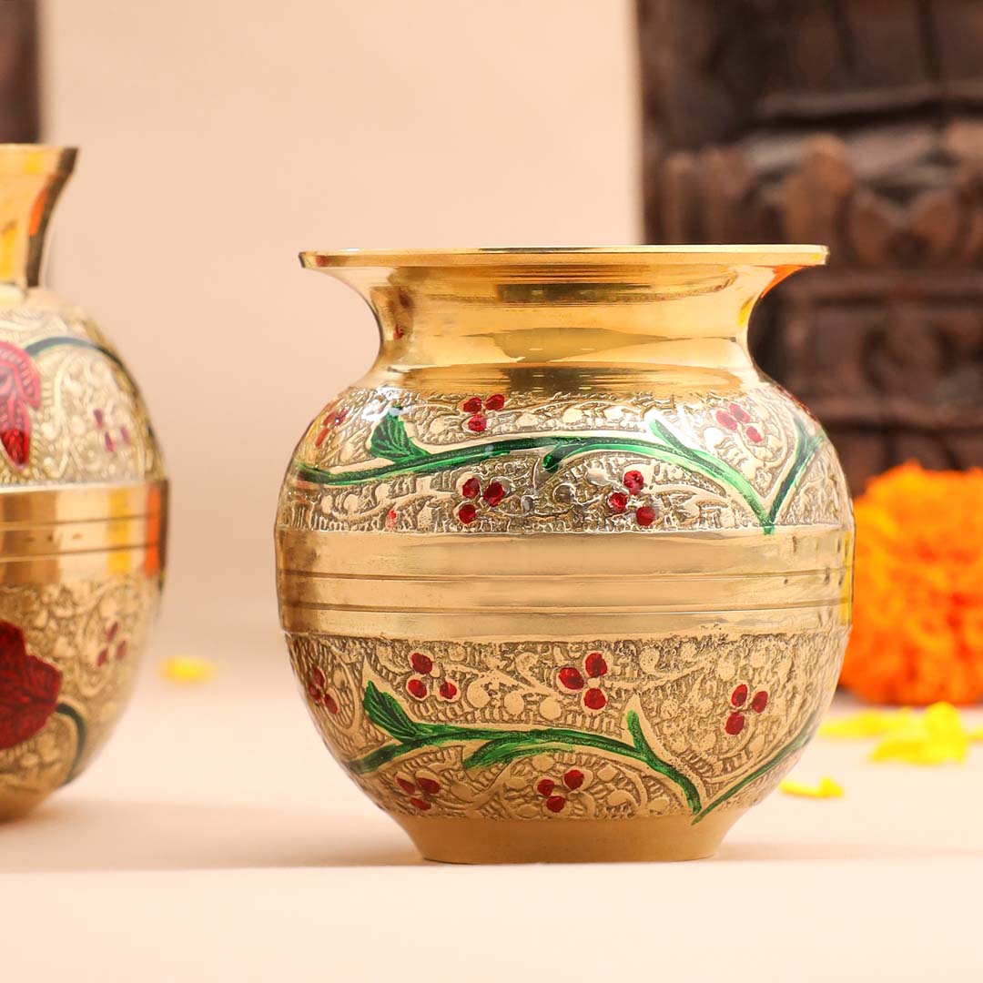 Brass Paint Pooja Kalash with Floral Design
