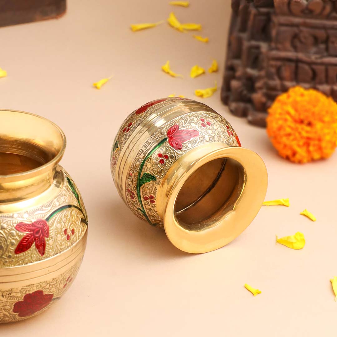 Brass Paint Pooja Kalash with Floral Design