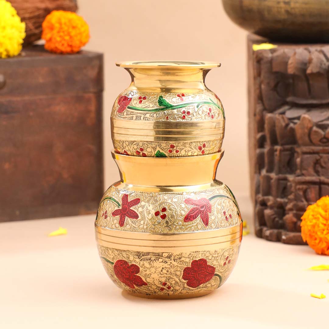 Brass Paint Pooja Kalash with Floral Design