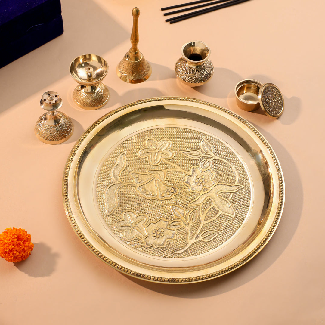 Brass Designer Pooja Thali Set With Velvet box