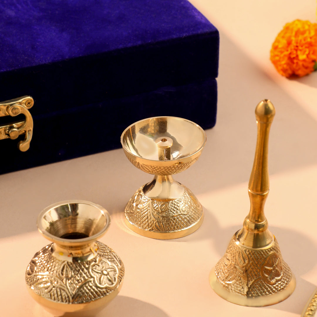 Brass Designer Pooja Thali Set With Velvet box