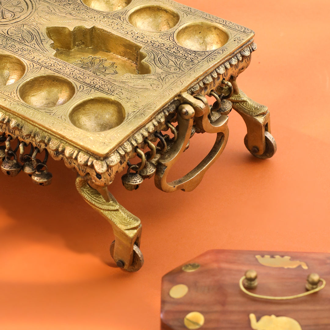 Brass Pallanguzhi Game Board with Wheels (20 Inch)