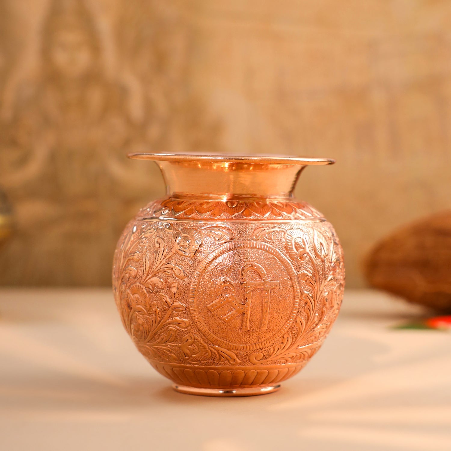 Copper Pooja Kalash with Om, Swastik & Shree Designs (5 Inch)