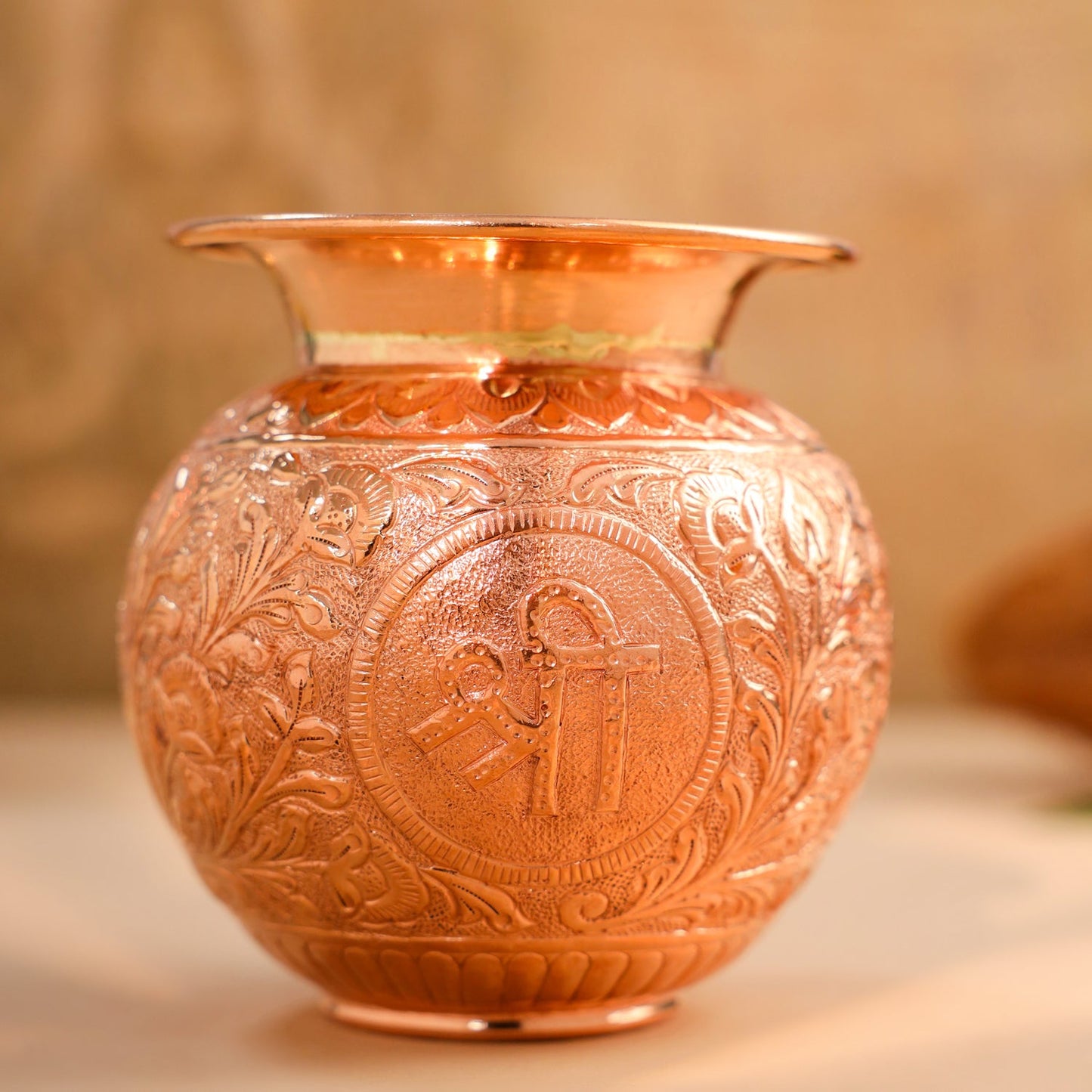 Copper Pooja Kalash with Om, Swastik & Shree Designs (5 Inch)