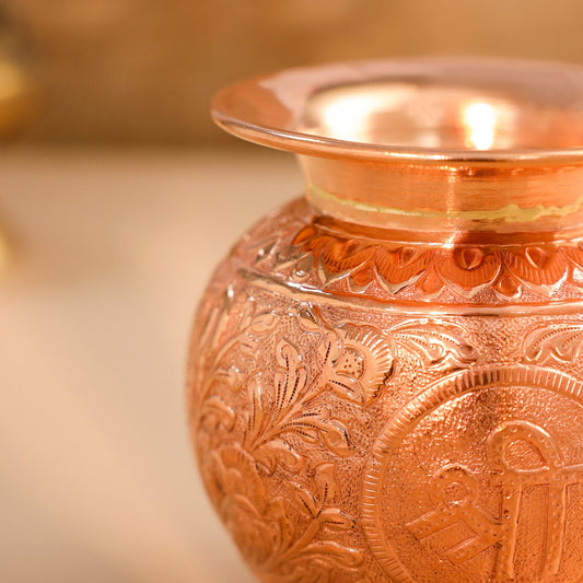 Copper Pooja Kalash with Om, Swastik & Shree Designs (5 Inch)