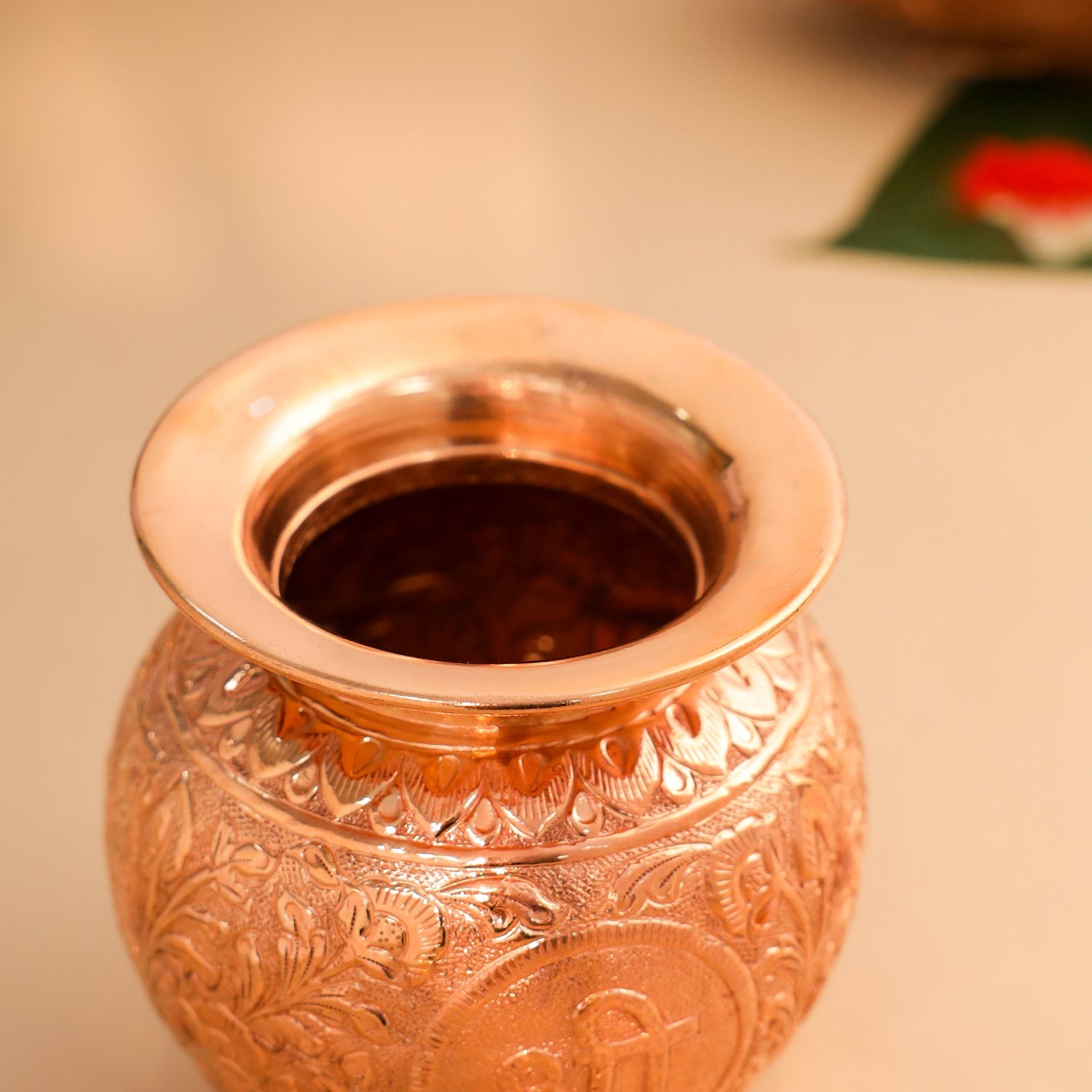 Copper Pooja Kalash with Om, Swastik & Shree Designs (5 Inch)