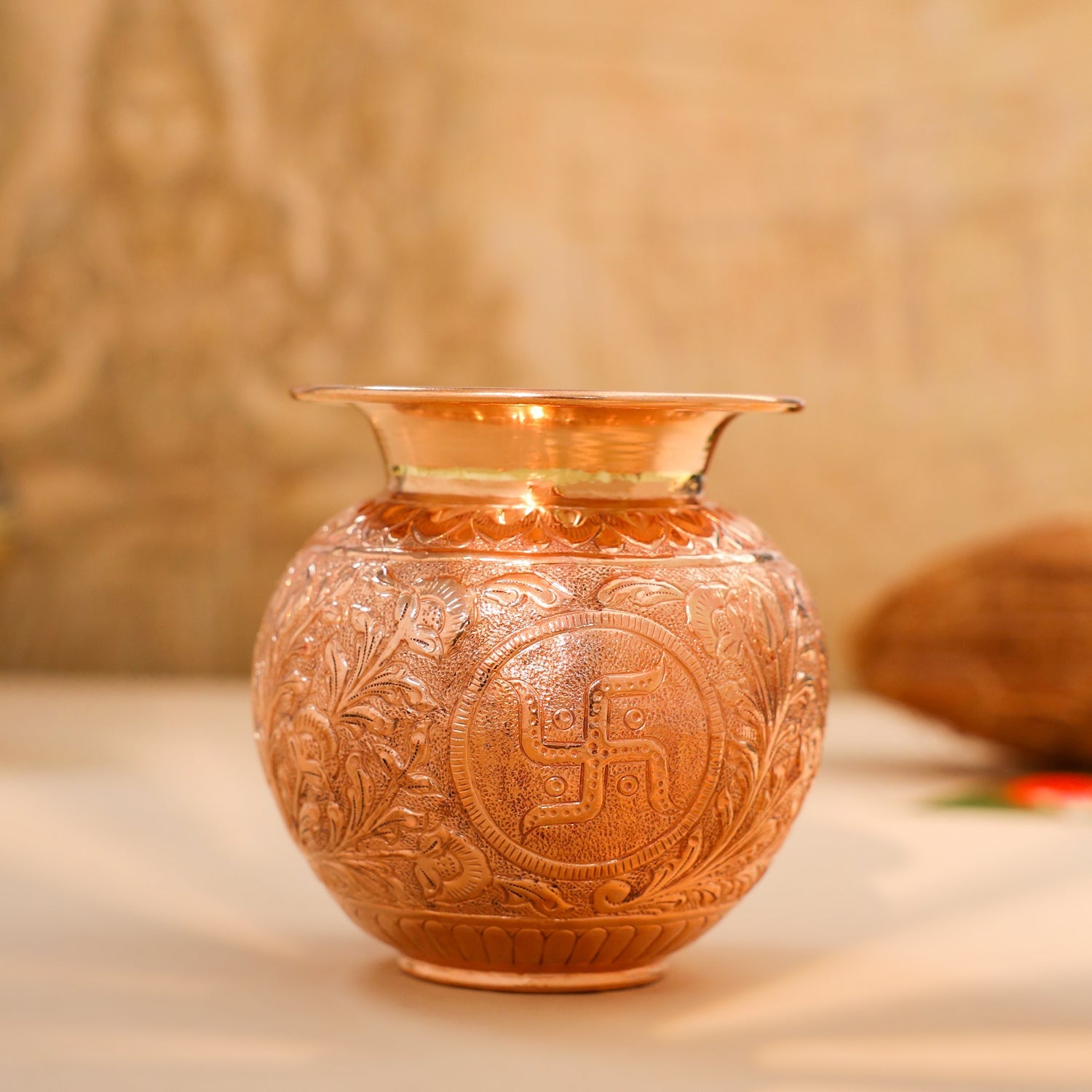 Copper Pooja Kalash with Om, Swastik & Shree Designs (5 Inch)