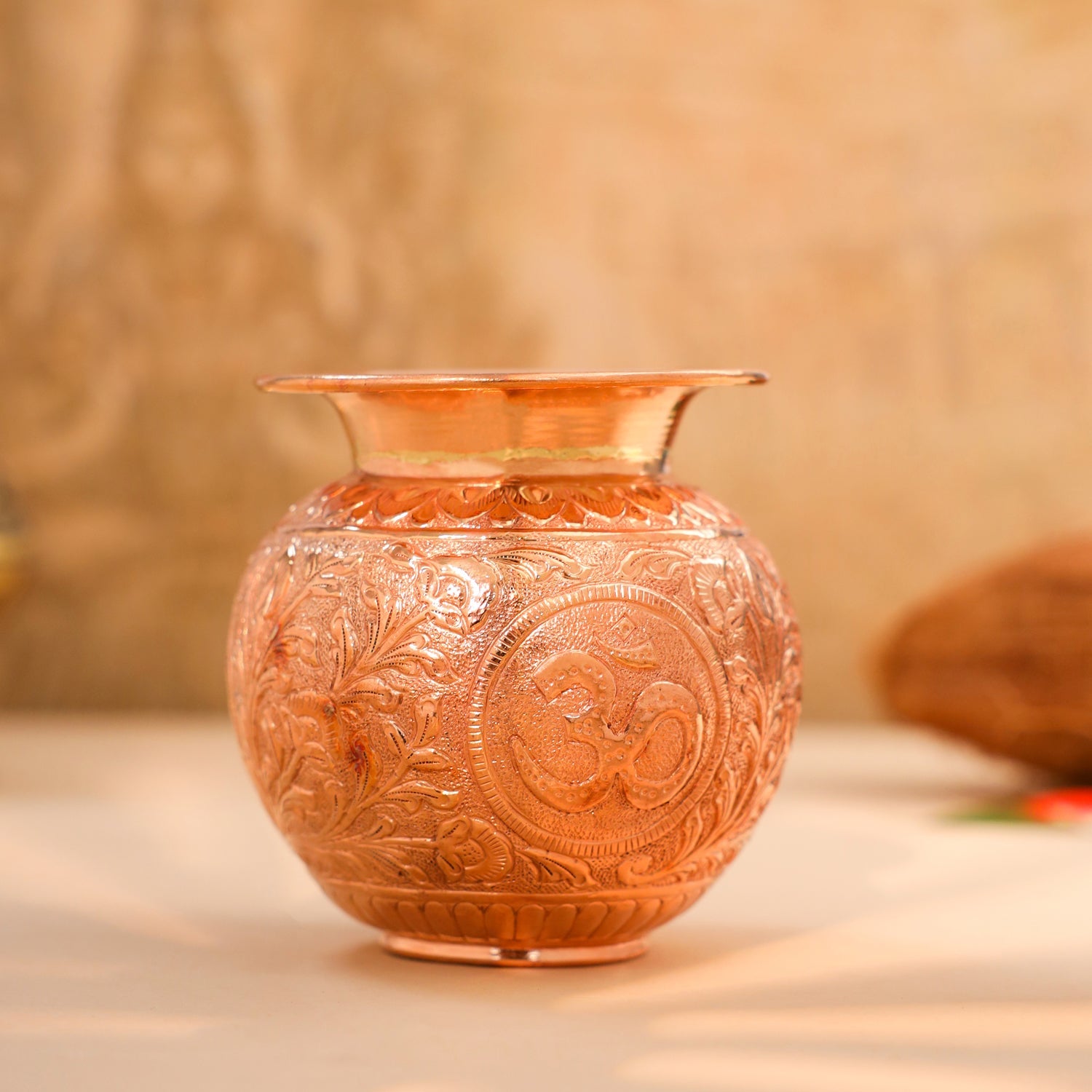 Copper Pooja Kalash with Om, Swastik & Shree Designs (5 Inch)