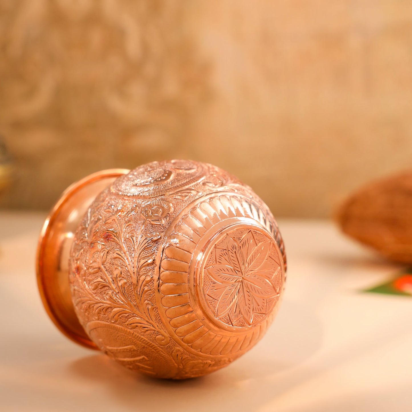 Copper Pooja Kalash with Om, Swastik & Shree Designs (5 Inch)