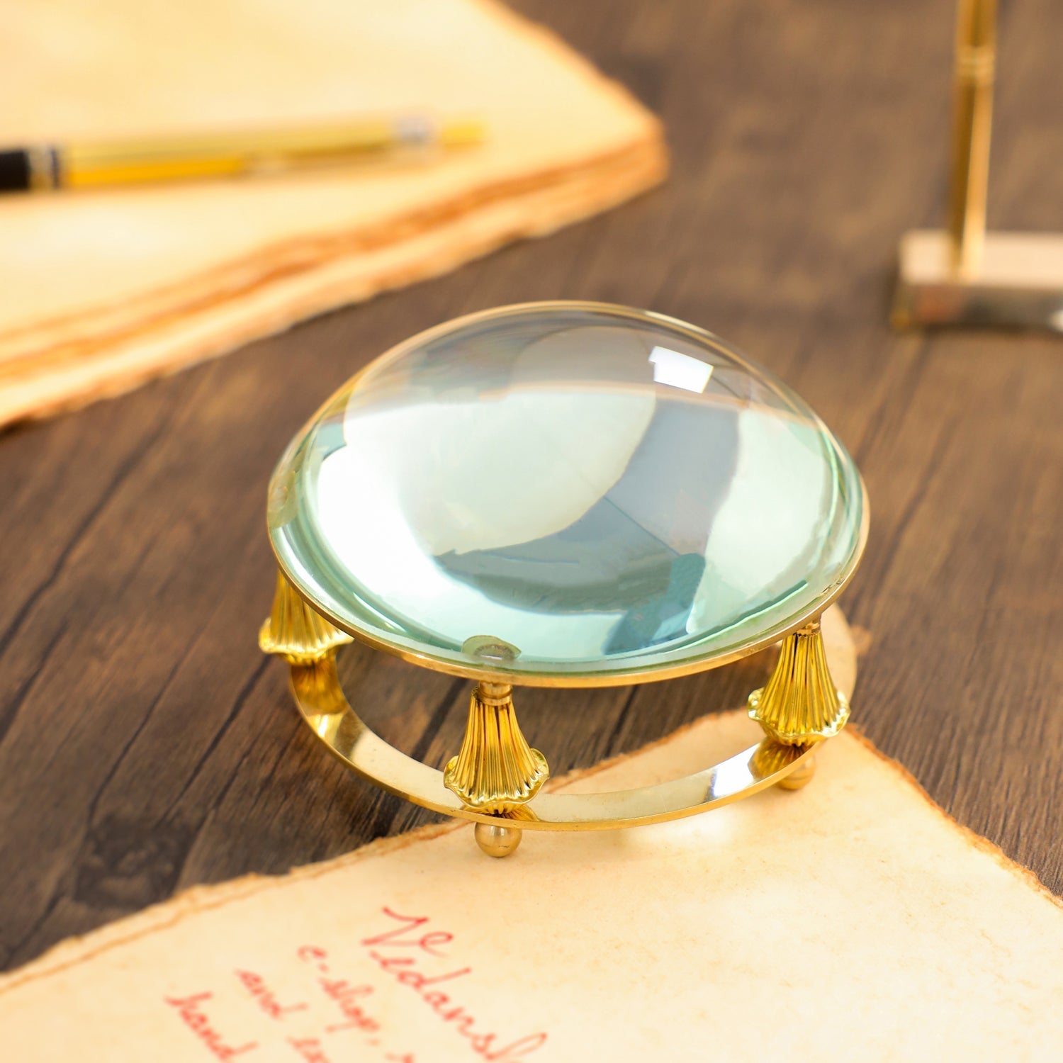 Brass Magnifying Glass Dome Paperweight - Vintage (3 Inch)
