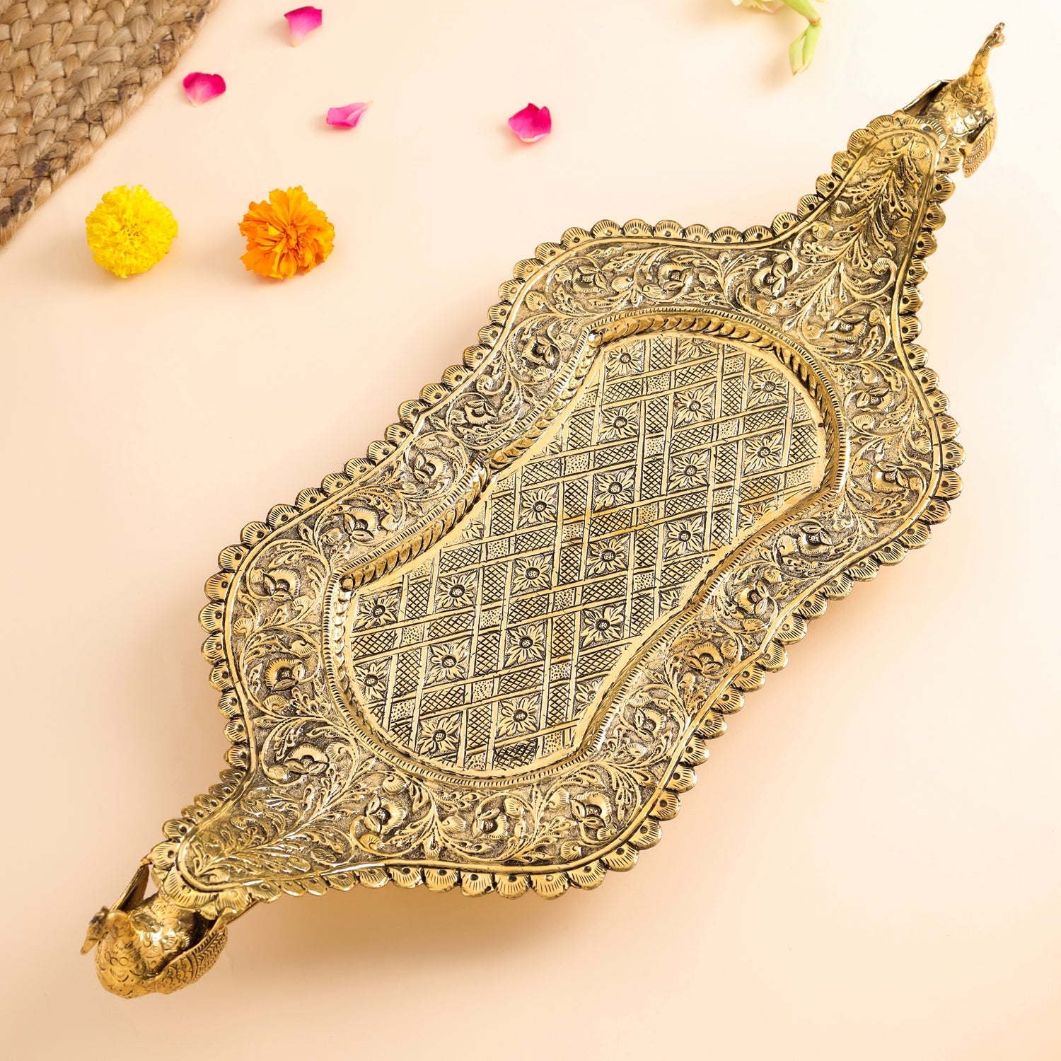 Brass Peacock Design Serving Tray (23 Inch)
